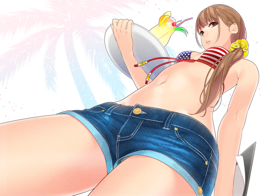 ama_mitsuki american_flag_bikini bare_shoulders bikini bikini_top black_eyes blush bra brown_hair cherry clipboard cocktail denim denim_shorts drinking_straw dutch_angle flag_print food from_below fruit hair_ornament hair_scrunchie holding holding_tray looking_at_viewer midriff navel no_shirt original parted_lips scrunchie short_shorts shorts solo swimsuit tray underwear waitress