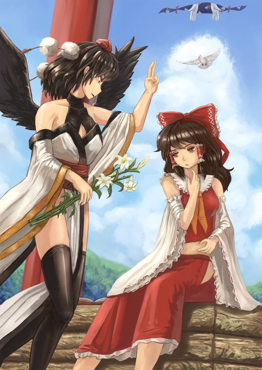 amibazh ascot bird black_hair black_legwear black_wings blue_sky book bow breasts brown_hair christianity cloud collarbone commentary day detached_sleeves dove elbow_gloves expressionless eyelashes fine_art_parody flower forest gap gloves hair_bow hair_tubes hakurei_reimu hand_on_neck hand_on_own_stomach hand_up hat highres holding holding_flower japanese_clothes kourindou_tengu_costume lily_(flower) long_hair looking_at_another looking_down looking_up medium_breasts midriff multiple_girls nature obi open_book parody red_eyes red_skirt ribbon-trimmed_collar ribbon-trimmed_sleeves ribbon_trim sash shameimaru_aya short_hair sitting sitting_on_object skirt sky smile talking the_annunciation thighhighs tokin_hat torii touhou white_gloves wings yakumo_yukari