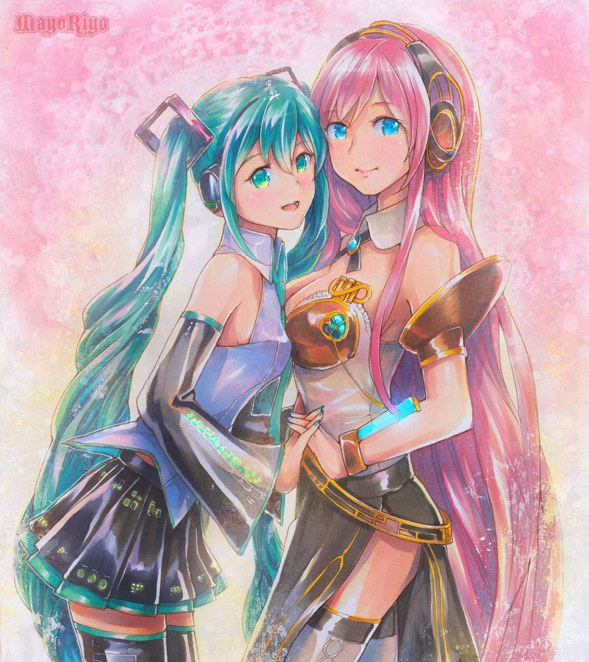 artist_name asymmetrical_docking blue_eyes breast_press breasts collar detached_sleeves green_eyes green_hair hatsune_miku hatsune_miku_(vocaloid3) hatsune_miku_(vocaloid4) headphones highres interlocked_fingers long_hair looking_at_viewer marker_(medium) mayo_riyo megurine_luka megurine_luka_(vocaloid4) multiple_girls nail_polish necktie open_mouth pink_hair skirt smile thighhighs traditional_media twintails v4x very_long_hair vocaloid