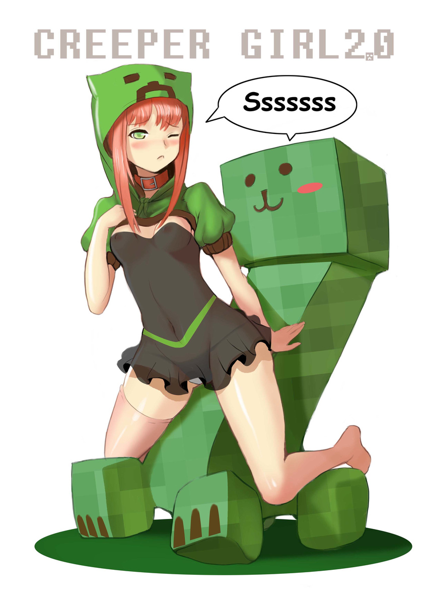 :3 absurdres bangs barefoot blush breasts character_name collar creeparka creeper dress highres hiss hood hoodie minecraft monster one_eye_closed panties personification pink_hair pink_legwear pixelated puffy_sleeves sexually_suggestive short_dress short_hair sidelocks single_sock single_thighhigh small_breasts socks steamed_egg straddling thighhighs underwear white_panties