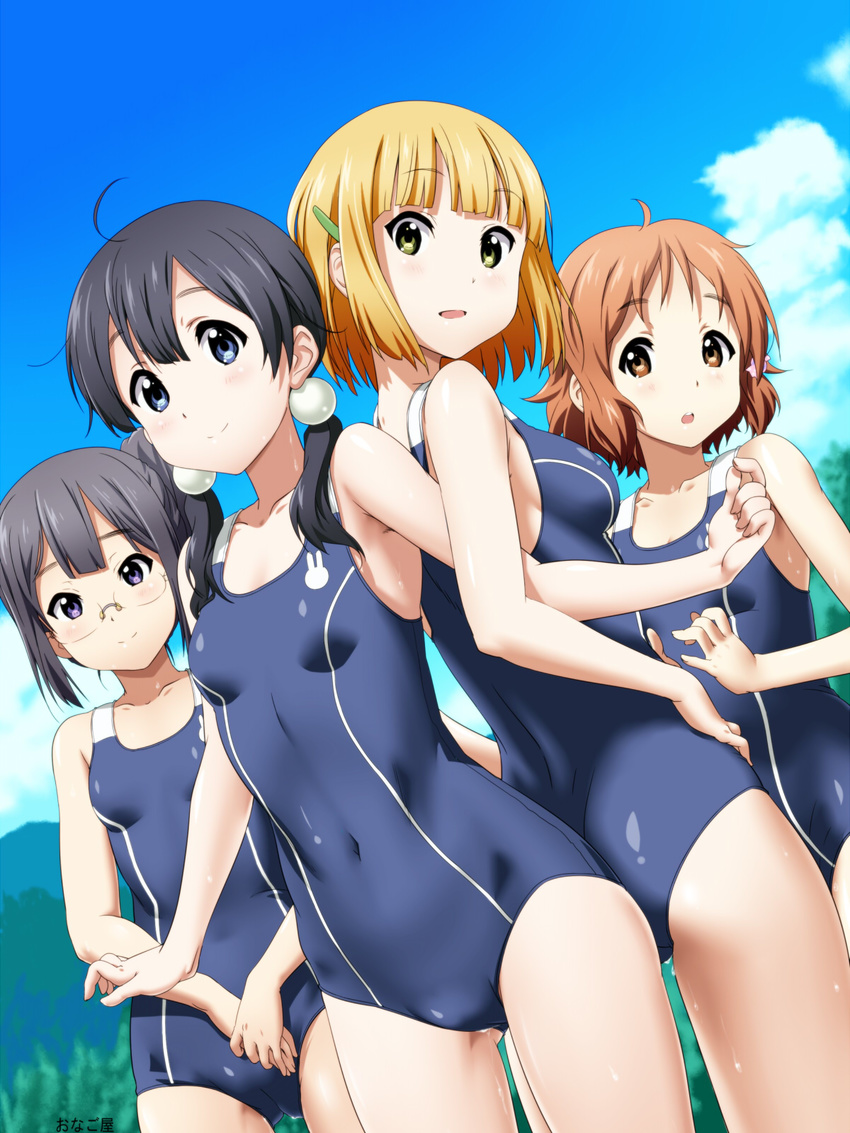 :o ahoge asagiri_shiori black_hair blonde_hair blue_eyes blush breasts brown_eyes cloud covered_navel day glasses green_eyes hair_ornament hairclip hands_together highres kitashirakawa_tamako kotobuki_hajime light_smile long_hair looking_back low_twintails makino_kanna multiple_girls new_school_swimsuit one-piece_swimsuit open_mouth purple_eyes school_swimsuit short_hair side_ponytail sky small_breasts smile swimsuit tamako_market tokiwa_midori twintails