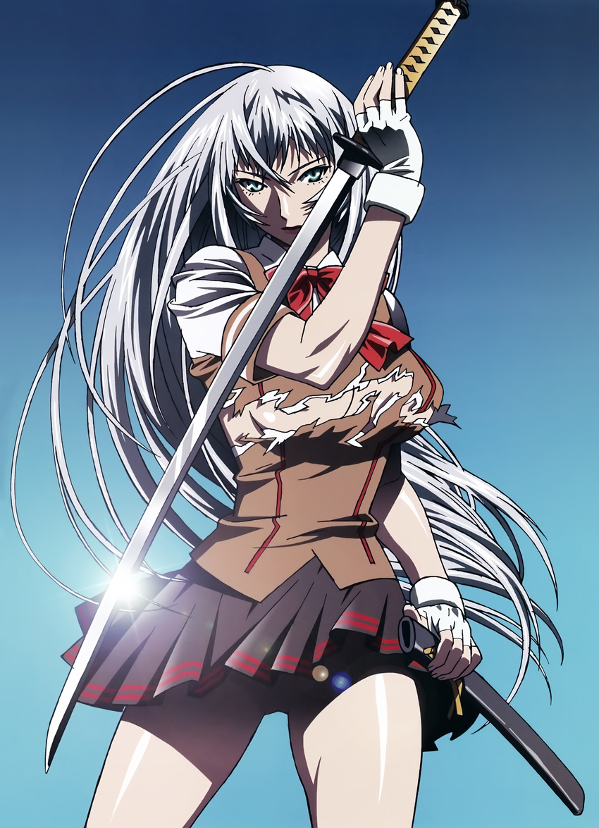 absurdres antenna_hair breasts chouun_shiryuu fingerless_gloves gloves green_eyes highres ikkitousen katana large_breasts long_hair school_uniform silver_hair solo sword torn_clothes weapon