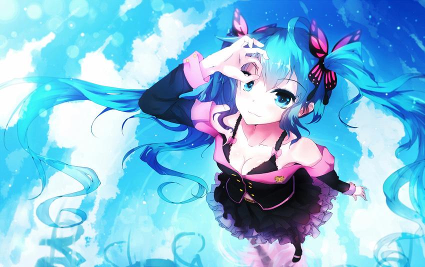 :3 aqua_eyes aqua_hair bai_yemeng bare_shoulders breasts butterfly_hair_ornament cleavage collarbone foreshortening from_above full_body hair_ornament hatsune_miku highres honey_whip_(module) long_hair medium_breasts project_diva_(series) project_diva_f revision ripples solo standing sweet_devil_(vocaloid) twintails very_long_hair vocaloid water