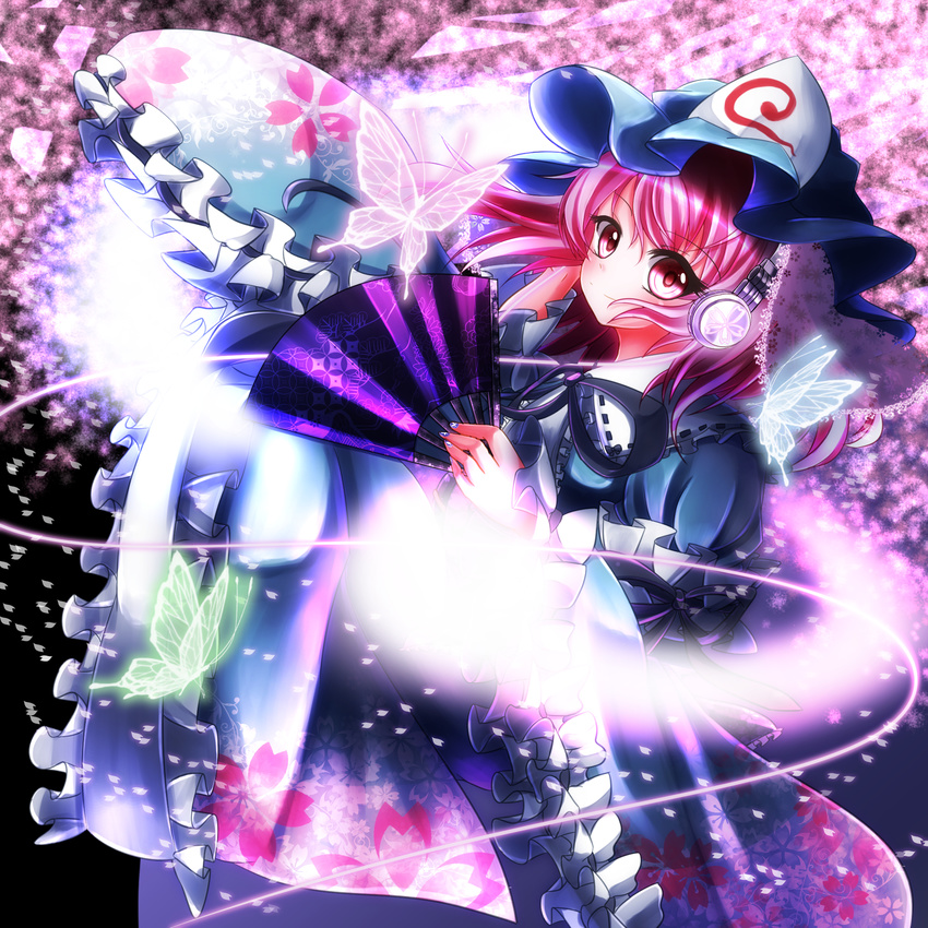 album_cover arm_ribbon bad_id bad_pixiv_id black_background bug butterfly cherry_blossoms commentary_request cover fan fingernails floral_print folding_fan frilled_kimono frills glowing_butterfly hand_on_headphones hat headphones highres hitodama insect japanese_clothes kimono looking_at_viewer mob_cap nail_art no_eru petals pink_eyes pink_hair ribbon ribbon-trimmed_collar ribbon_trim saigyouji_yuyuko shiny shiny_hair shippou_(pattern) smile solo touhou triangular_headpiece veil
