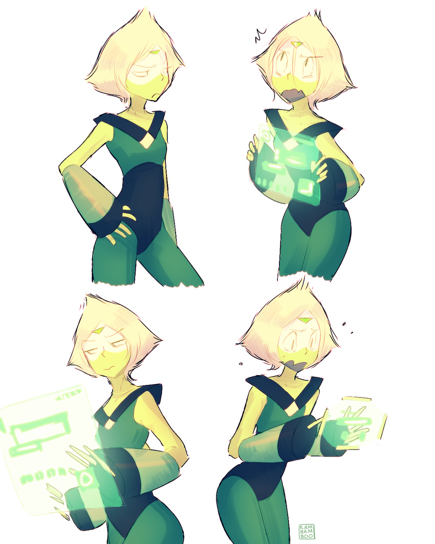 1girl :o blonde_hair bodysuit breasts cowboy_shot expressions facial_mark flustered forehead_mark frown green_bodysuit hair_between_eyes half-closed_eyes hand_on_hip highres holographic_interface looking_to_the_side looking_up multiple_views peridot_(steven_universe) rambamboo short_hair signature simple_background small_breasts standing steven_universe typing wavy_mouth white_background white_hair white_skin wide_sleeves