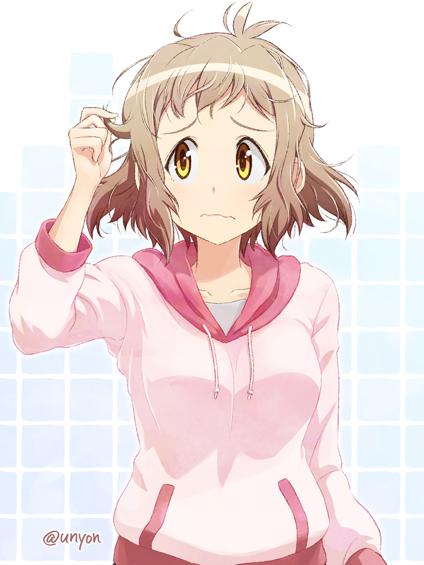 antenna_hair blush brown_hair highres messy_hair senki_zesshou_symphogear short_hair solo sweatshirt tachibana_hibiki_(symphogear) twitter_username unyon wavy_mouth yellow_eyes