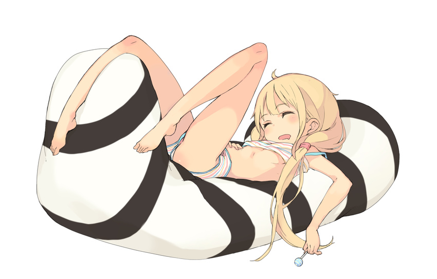 bare_arms barefoot blonde_hair blush candy food full_body futaba_anzu highres holding idolmaster idolmaster_cinderella_girls lollipop long_hair looking_at_viewer lying midriff mk_(masatusaboten) on_back open_mouth panties simple_background sleeping solo striped striped_panties twintails underwear white_background