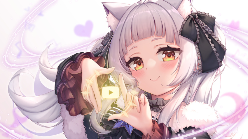 1girl animal_ear_fluff animal_ears arata_(xin) bangs black_ribbon blunt_bangs blush brown_eyes cat_ears choker closed_mouth extra_ears finger_frame frilled_choker frilled_ribbon frilled_sleeves frills fur_trim grey_hair hair_ribbon hands_up highres hololive long_hair long_sleeves looking_at_viewer murasaki_shion ribbon smile solo upper_body virtual_youtuber youtube_logo