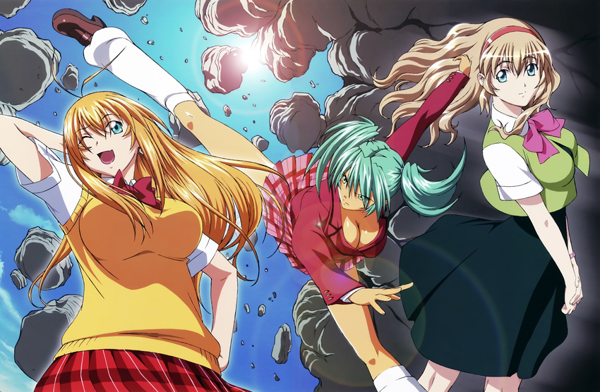 absurdres ahoge angry animal_ears antenna_hair artist_request blonde_hair blue_eyes bow breasts brown_hair cleavage green_eyes green_hair hairband happy highres huge_filesize ikkitousen kicking large_breasts long_hair loose_socks md5_mismatch multiple_girls one_eye_closed open_mouth orange_hair plaid red_skirt ryofu_housen school_uniform skirt sky smile socks sonken_chuubou sonsaku_hakufu sweater twintails