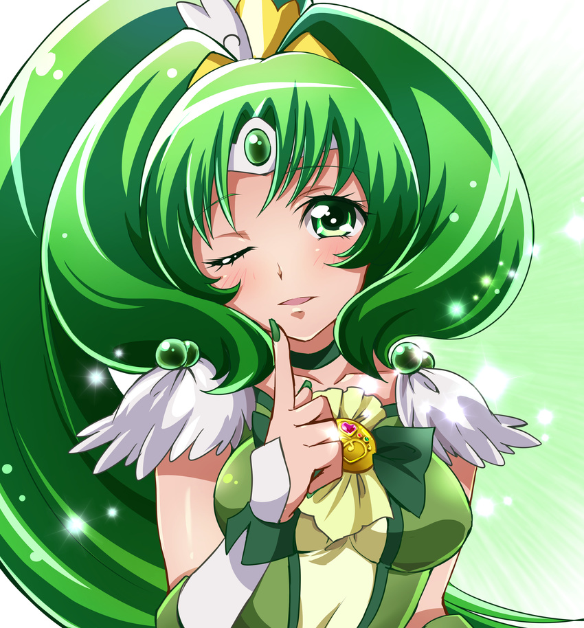 absurdres bad_id bad_pixiv_id breasts choker cure_march green green_choker green_eyes green_hair highres long_hair looking_at_viewer magical_girl medium_breasts midorikawa_nao nail_polish one_eye_closed ponytail precure sharumon smile_precure! solo tiara