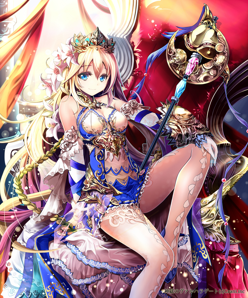 absurdres bare_shoulders bell blonde_hair blue_eyes breasts cleavage elbow_gloves flower gloves hair_flower hair_ornament highres jewelry long_hair looking_at_viewer medium_breasts official_art shingoku_no_valhalla_gate sho_(runatic_moon) smile solo staff tiara white_gloves white_legwear