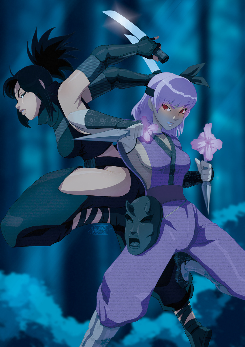 ayame_(tenchu) ayane_(doa) back-to-back black_hair blue_eyes breasts crossover dead_or_alive detached_sleeves dual_wielding fishnets highres hip_vent holding kunai lips medium_breasts multiple_girls ninja pinky_out purple_hair red_eyes reverse_grip short_ponytail sideboob tabi tantou tenchuu tovio_rogers vambraces weapon