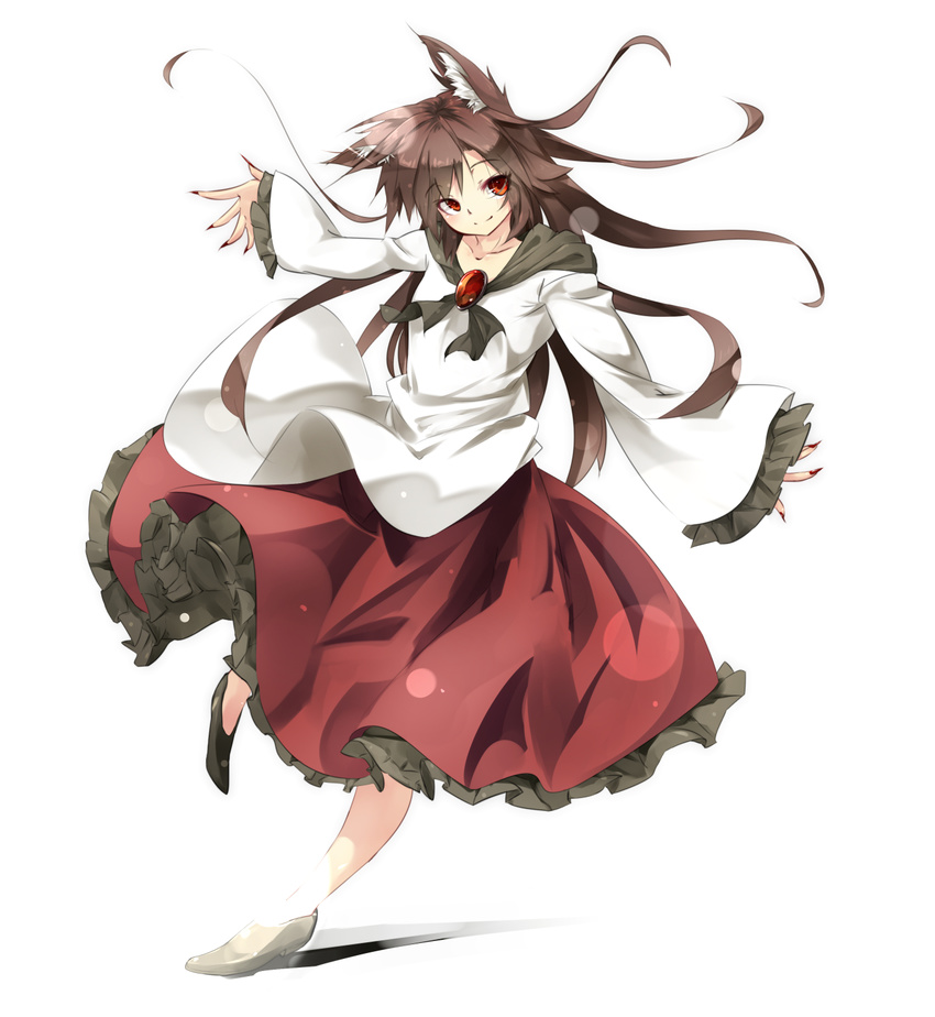 animal_ears brooch brown_hair fingernails full_body gorilla_(bun0615) highres imaizumi_kagerou jewelry long_fingernails long_hair long_sleeves looking_at_viewer red_eyes shirt simple_background skirt smile solo tail touhou very_long_hair white_background wide_sleeves wolf_ears