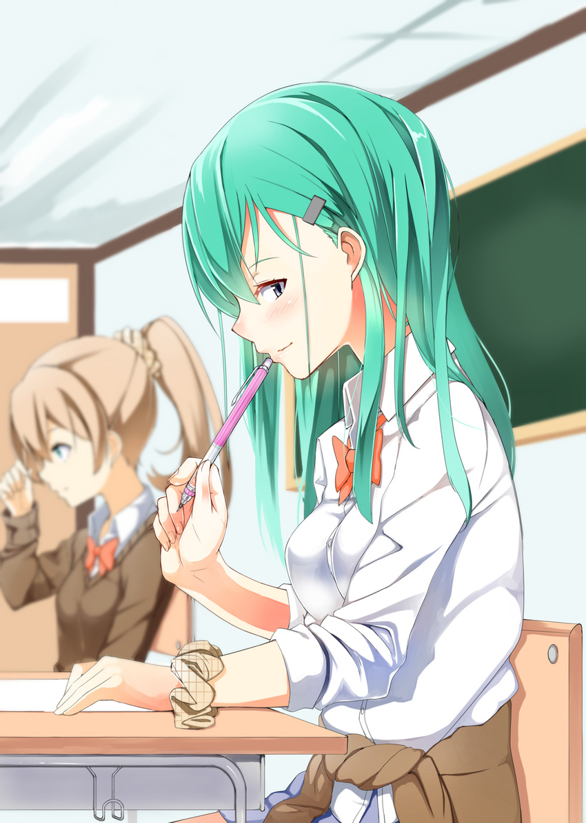 aqua_eyes aqua_hair blurry blush bow bowtie breasts brown_hair byte_(allbyte) chair chalkboard classroom clothes_around_waist collared_shirt depth_of_field desk dress_shirt hair_ornament hairclip highres kantai_collection kumano_(kantai_collection) lips long_hair long_sleeves looking_at_viewer looking_to_the_side mechanical_pencil medium_breasts multiple_girls open_mouth pencil ponytail profile school_desk school_uniform scrunchie shirt sitting skirt sleeves_pushed_up suzuya_(kantai_collection) sweater sweater_around_waist white_shirt wrist_scrunchie