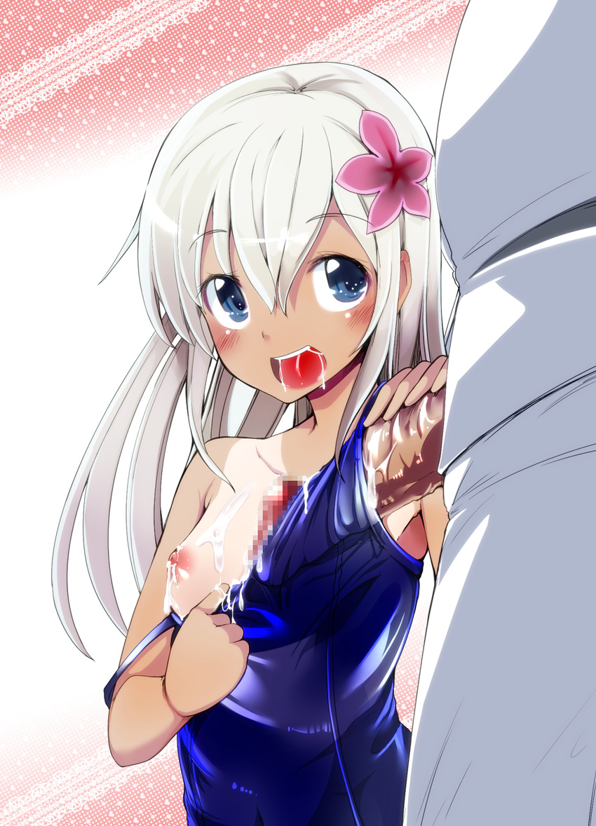 1girl :d admiral_(kantai_collection) blue_eyes blush breasts censored cum cum_in_mouth cum_on_body cum_on_breasts cum_on_upper_body flower frottage hair_flower hair_ornament hetero highres kantai_collection nipples one-piece_swimsuit open_mouth penis ro-500_(kantai_collection) school_swimsuit small_breasts smile strap_slip swimsuit swimsuit_pull takara_akihito tan tanline white_hair