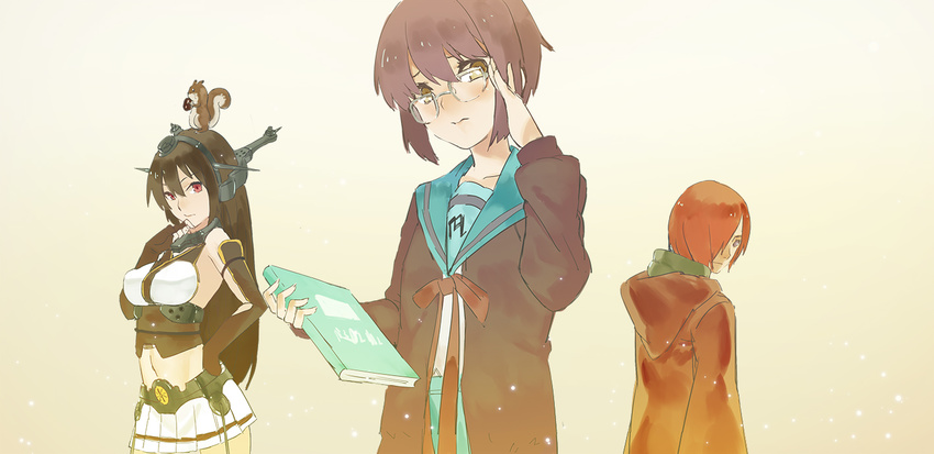 2girls adjusting_hair animal animal_on_head black_hair book brown_eyes brown_hair cardigan crossover glasses hairband hand_on_hip hood hooded_jacket jacket kantai_collection kita_high_school_uniform looking_at_viewer midriff multiple_crossover multiple_girls nagato_(kantai_collection) nagato_(naruto) nagato_yuki namesake nanaya_(daaijianglin) naruto naruto_(series) naruto_shippuuden navel on_head red_eyes red_hair school_uniform serafuku squirrel suzumiya_haruhi_no_shoushitsu suzumiya_haruhi_no_yuuutsu