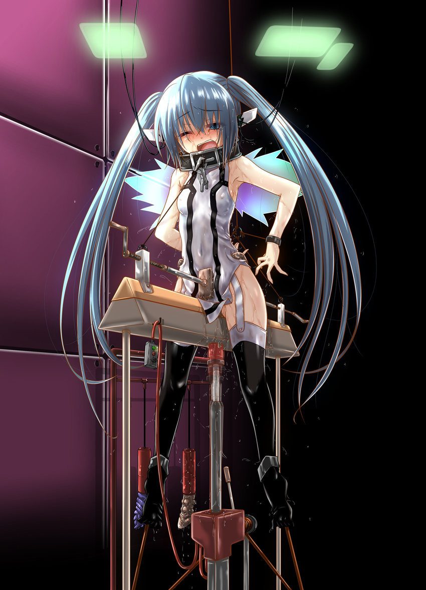 bdsm blue_eyes blue_hair blush bondage bound breasts chain collar covered_navel cuffs fumihiro garter_straps highres long_hair nymph_(sora_no_otoshimono) one_eye_closed restrained sex_machine small_breasts solo sora_no_otoshimono thighhighs twintails wings wooden_horse