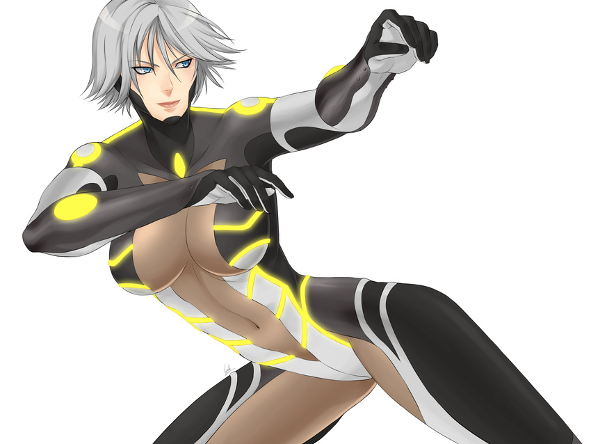 absurdres bodysuit breasts christie_(doa) dead_or_alive futuristic glow glowing highres large_breast large_breasts latex plugsuit science_fiction silver_hair virak