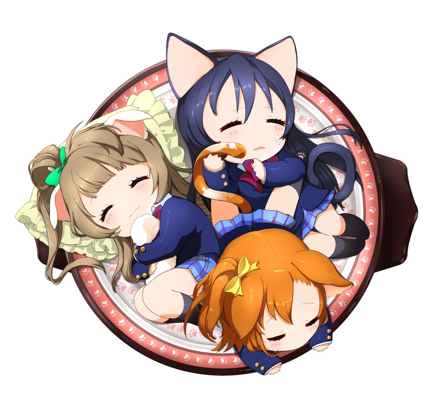 animal_ears blazer blue_hair bow cat_ears cat_tail chibi closed_eyes curled_up frilled_pillow frills grey_hair hair_bow in_container jacket kemonomimi_mode kousaka_honoka love_live! love_live!_school_idol_project minami_kotori multiple_girls neko_nabe ng_(kimjae737) one_side_up orange_hair otonokizaka_school_uniform paw_print pillow pot school_uniform simple_background sleeping sonoda_umi tail white_background