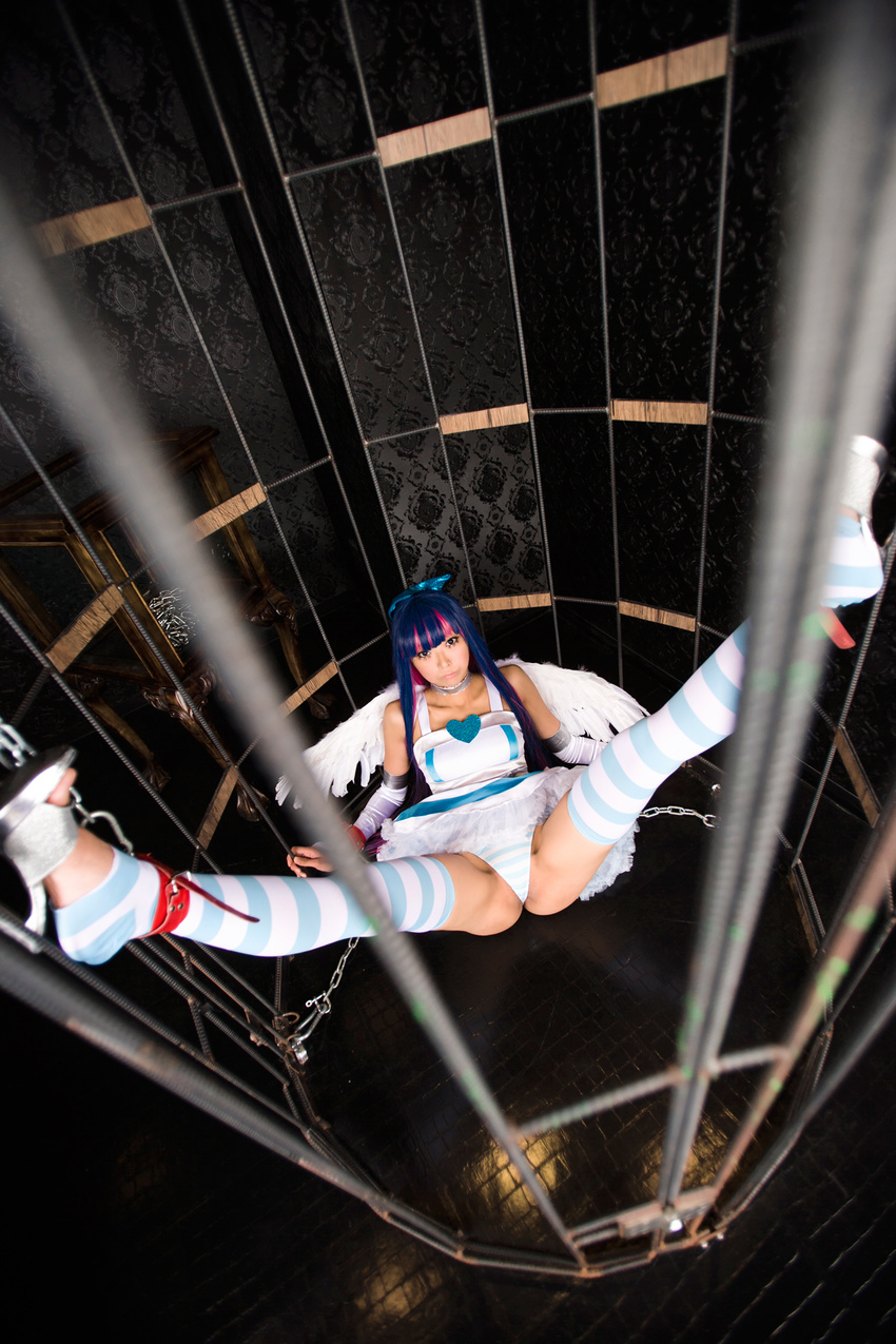 asian cage choker cosplay detached_sleeves dress high_heels long_hair multicolored_hair panty_&amp;_stocking_with_garterbelt photo ribbon stocking_(psg) stocking_(psg)_(cosplay) striped_legwear thighhighs underwear wings