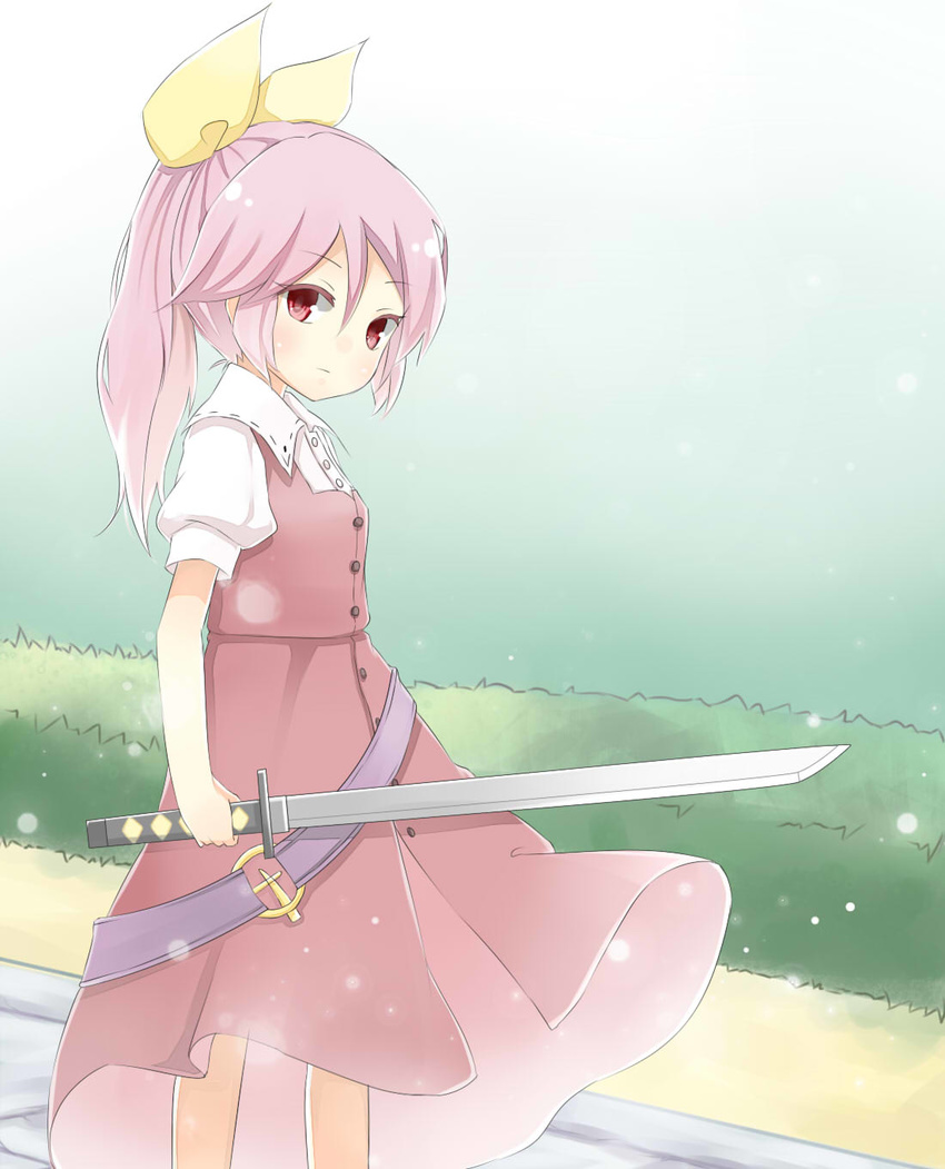 bad_id bad_pixiv_id belt bow bush ellipsis_(mitei) expressionless gradient gradient_background hair_ribbon highres lavender_hair light_particles looking_at_viewer ponytail puffy_short_sleeves puffy_sleeves red_eyes ribbon short_hair short_sleeves simple_background skirt skirt_set solo sword touhou unsheathed watatsuki_no_yorihime weapon wind yellow_bow