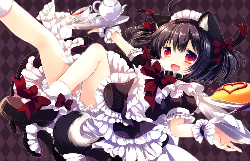 1girl :d animal_ears apron argyle argyle_background black_dress black_hair bloomers bow bowtie collar commentary_request cup dog_collar dog_ears dog_tail dress fang foot_out_of_frame frilled_apron frilled_dress frilled_sleeves frills hair_bow hair_ribbon maid maid_dress maid_headdress open_mouth original plate puffy_short_sleeves puffy_sleeves red_eyes ribbon sakurazawa_izumi saucer shoes short_hair short_sleeves smile spoon tail tea teacup teapot underwear wrist_cuffs
