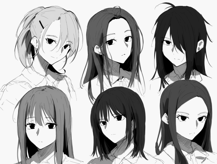 6+girls ahoge bangs closed_mouth collared_shirt commentary_request copyright_request expressionless forehead grey_background greyscale hair_ornament hair_over_one_eye hairclip highres hplay korean_commentary long_hair looking_at_viewer messy_hair monochrome multiple_girls one_eye_covered parted_bangs ponytail shirt simple_background smile tareme tsurime wing_collar