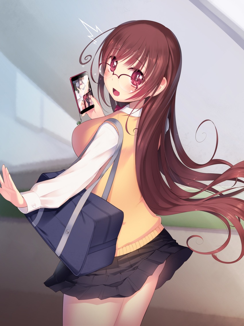 1girl ahoge arima_senne bag blush breasts brown_hair caught cellphone drooling glasses highres kashiwamochi_yomogi large_breasts long_hair looking_at_viewer looking_back open_mouth original phone pornography red_eyes saliva school_bag school_uniform skirt smartphone smile solo sweater_vest