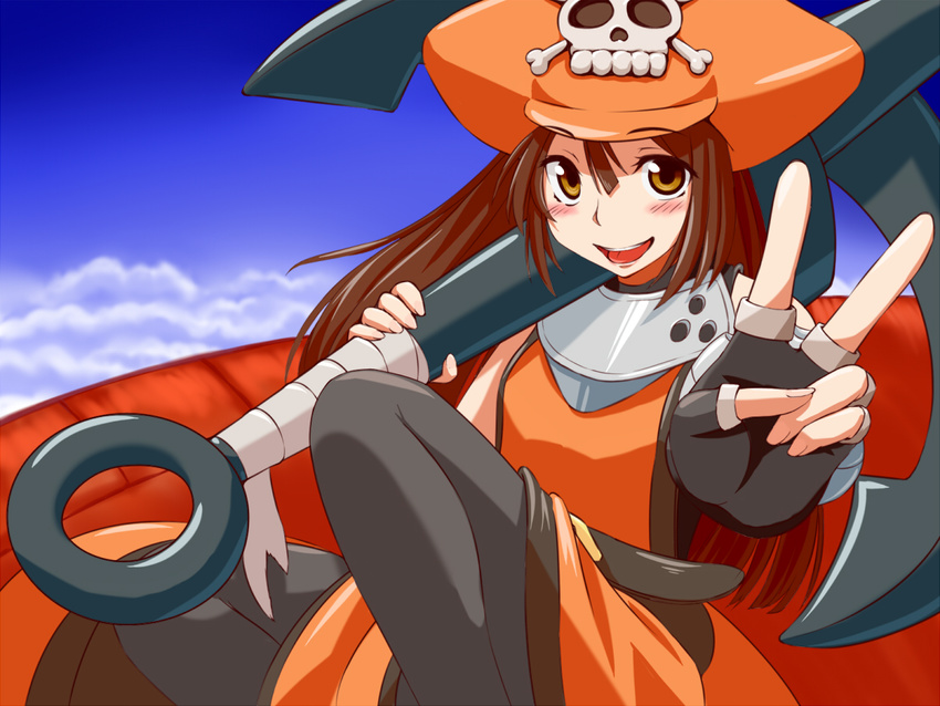 :d anchor blush brown_hair fingerless_gloves foreshortening gloves guilty_gear hat huge_weapon long_hair looking_at_viewer may_(guilty_gear) open_mouth orange_hat orange_shirt over_shoulder pirate_hat raseruta shirt sitting smile solo v weapon weapon_over_shoulder yellow_eyes