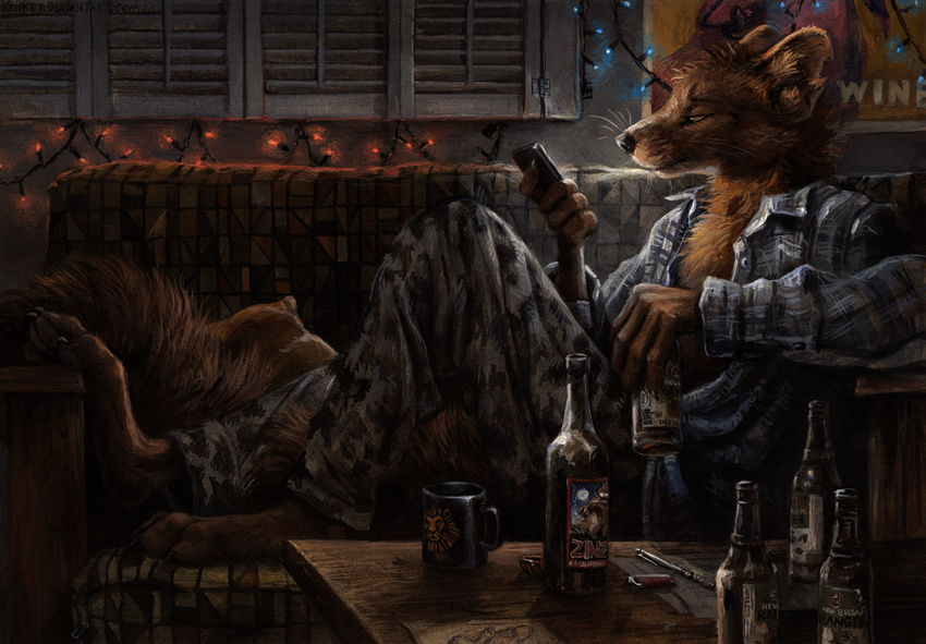 2015 alcohol anthro beer beverage brown_eyes brown_fur cellphone christmas_lights claws clothing cup fur inside kenket mammal marten mustelid night pants pawpads paws phone shirt sofa solo table tay