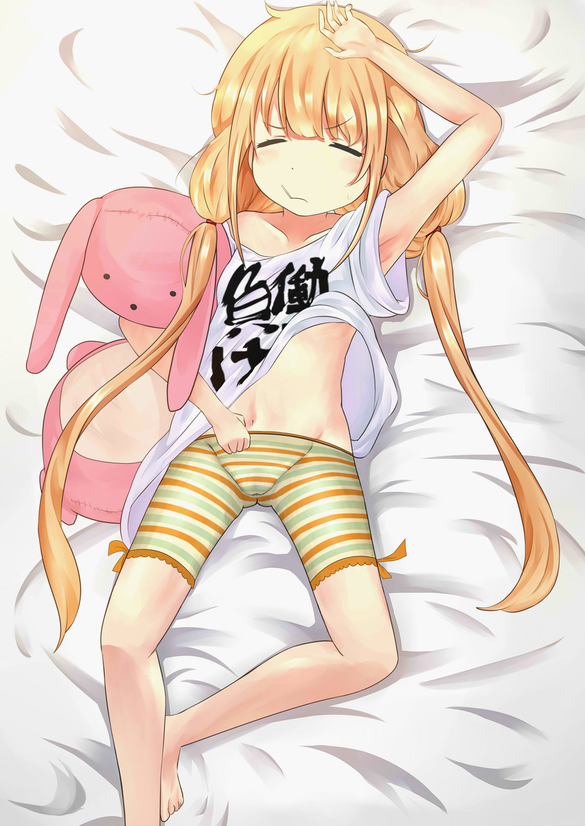 absurdres armpits barefoot bike_shorts blonde_hair closed_eyes clothes_writing futaba_anzu highres idolmaster idolmaster_cinderella_girls joker_(animero) long_hair lying on_back shirt solo striped striped_bike_shorts stuffed_animal stuffed_bunny stuffed_toy t-shirt twintails you_work_you_lose