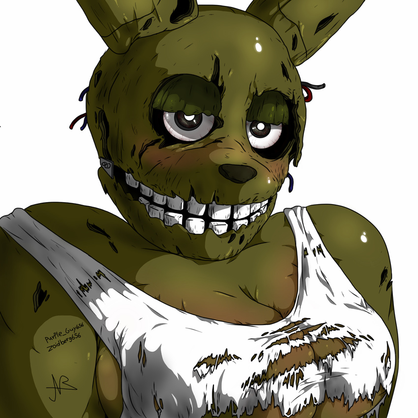 animatronic blush broken cleavage clothed clothing crossgender female five_nights_at_freddy's five_nights_at_freddy's_3 lagomorph looking_at_viewer machine mammal mechanical rabbit robot scar smile springtrap_(fnaf) text torn_clothing unknown_artist