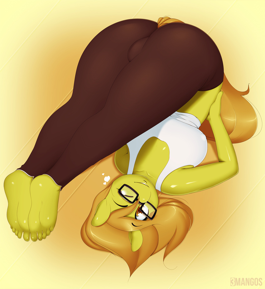 &lt;3 2015 3mangos amber_eyes anthro big_breasts big_butt blonde_hair breasts butt clothed clothing equine female green_skin hair hindpaw horse long_hair looking_at_viewer mammal one_eye_closed pants paws pony shirt solo thick_thighs tight_clothing yoga