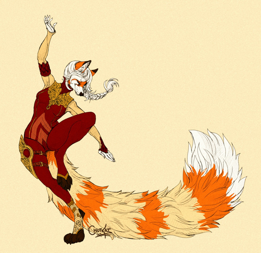 arm_up braided_hair canine chutkat clothing female fox fur hair mammal multicolored_fur on_one_leg orange_fur raised_leg solo standing two_tone_fur white_fur white_hair