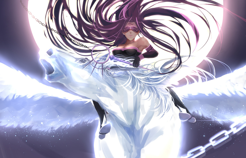 bellerophon blindfold breasts chain facial_mark fate/stay_night fate_(series) forehead_mark full_moon hei_tong_shi horse horseback_riding large_breasts long_hair looking_at_viewer moon nameless_dagger night night_sky pegasus purple_hair rider riding sky very_long_hair