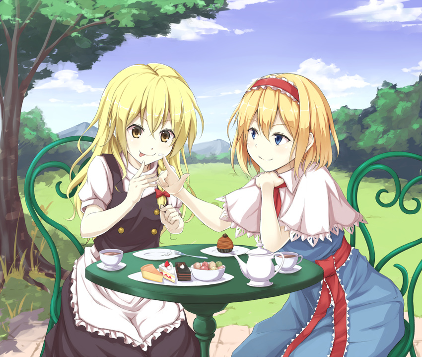 alice_margatroid blonde_hair blue_eyes blue_sky bowl braid cake capelet chair cloud cup cupcake day food food_on_face fork fruit grass hairband kirisame_marisa looking_at_another macaron meadow mont_blanc_(food) mountain multiple_girls no_hat no_headwear oruna outdoors pavement plate shortcake sitting sky slice_of_cake smile strawberry strawberry_shortcake sweets table teacup teapot tongue tongue_out touhou tree yellow_eyes