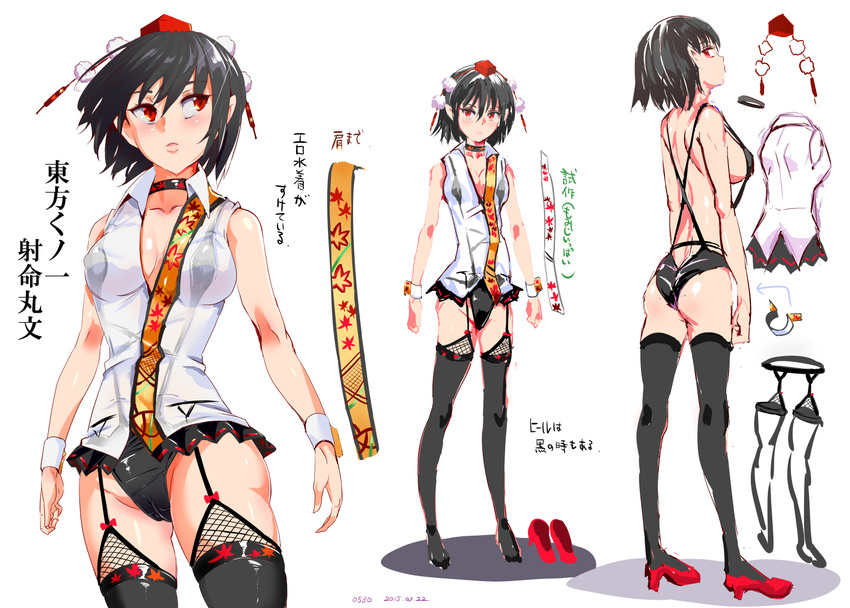 ass back bare_arms bare_shoulders black_hair black_legwear breasts cameltoe character_sheet choker floral_print garter_belt garter_straps hat hat_ribbon large_breasts md5_mismatch nyuu_(manekin-eko) parody pom_pom_(clothes) red_eyes ribbon shameimaru_aya shirt sideboob sleeveless sleeveless_shirt slingshot_swimsuit swimsuit taimanin_(series) taimanin_suit thighhighs tokin_hat touhou translation_request wrist_cuffs