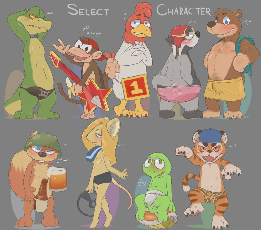 ! alcohol alligator anthro armpits backpack badger bald banana banjo-kazooie banjo_(banjo-kazooie) barefoot beak bear beer beverage blush body_hair bottle buckteeth bulge bumper_(diddy_kong_racing) butt chubby claws clothing collar conker conker's_bad_fur_day crossover cute dialogue diddy_kong diddy_kong_racing donkey_kong_(series) donkey_kong_country drink drumstick_(diddy_kong_racing) drunk english_text eyewear feline female food fruit fur goggles guitar hairy_chest half-closed_eyes hand_on_butt hat headgear helmet hollo_nut kremling krunch looking_at_viewer male mammal monkey mouse musical_instrument mustelid navel nintendo nipples open_mouth pawpads paws pipsy presenting presenting_hindquarters primate raised_arm raised_leg reptile rodent rooster scalie sharp_claws sharp_teeth sheath shell sign sitting size_difference smile spikes squirrel standing teeth text tiger timber tiptup toe_claws tongue tongue_out turtle underwear video_games