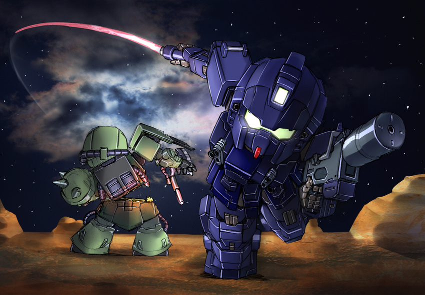 blue_destiny_01 chibi damaged doyouwantto energy_sword gun gundam gundam_side_story:_the_blue_destiny mecha night sword weapon zaku zaku_ii