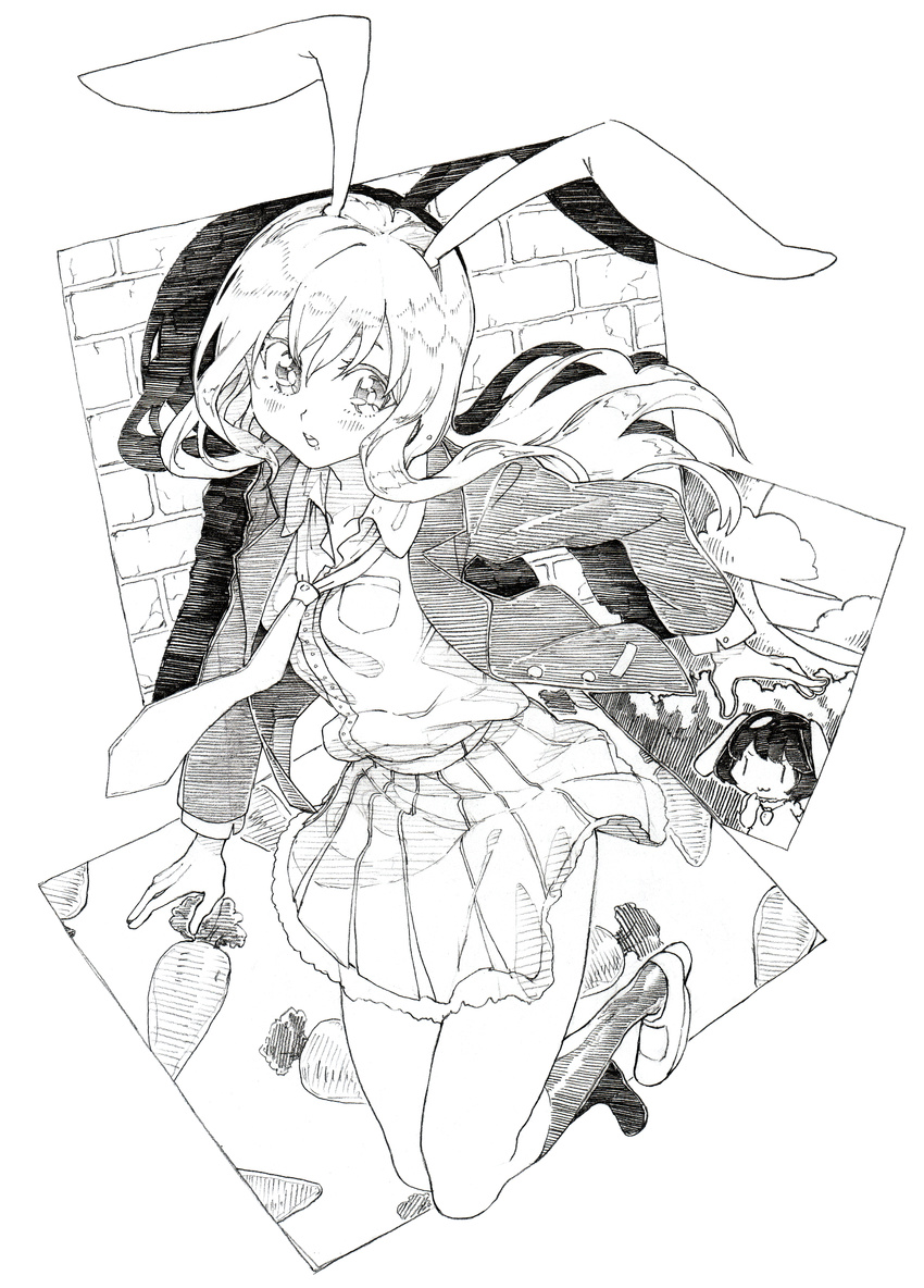 absurdres animal_ears bunny_ears carrot graphite_(medium) greyscale highres inaba_tewi jacket long_hair long_sleeves loose_necktie monochrome multiple_girls necktie open_clothes open_jacket oshake reisen_udongein_inaba shirt skirt touhou traditional_media very_long_hair