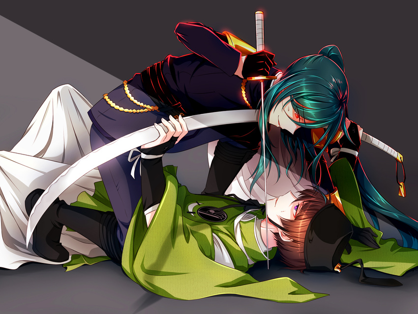 brown_hair green_hair highres ishikirimaru japanese_clothes kariginu katana long_hair male_focus military military_uniform multiple_boys nikkari_aoe red_eyes sm318 sword touken_ranbu uniform weapon