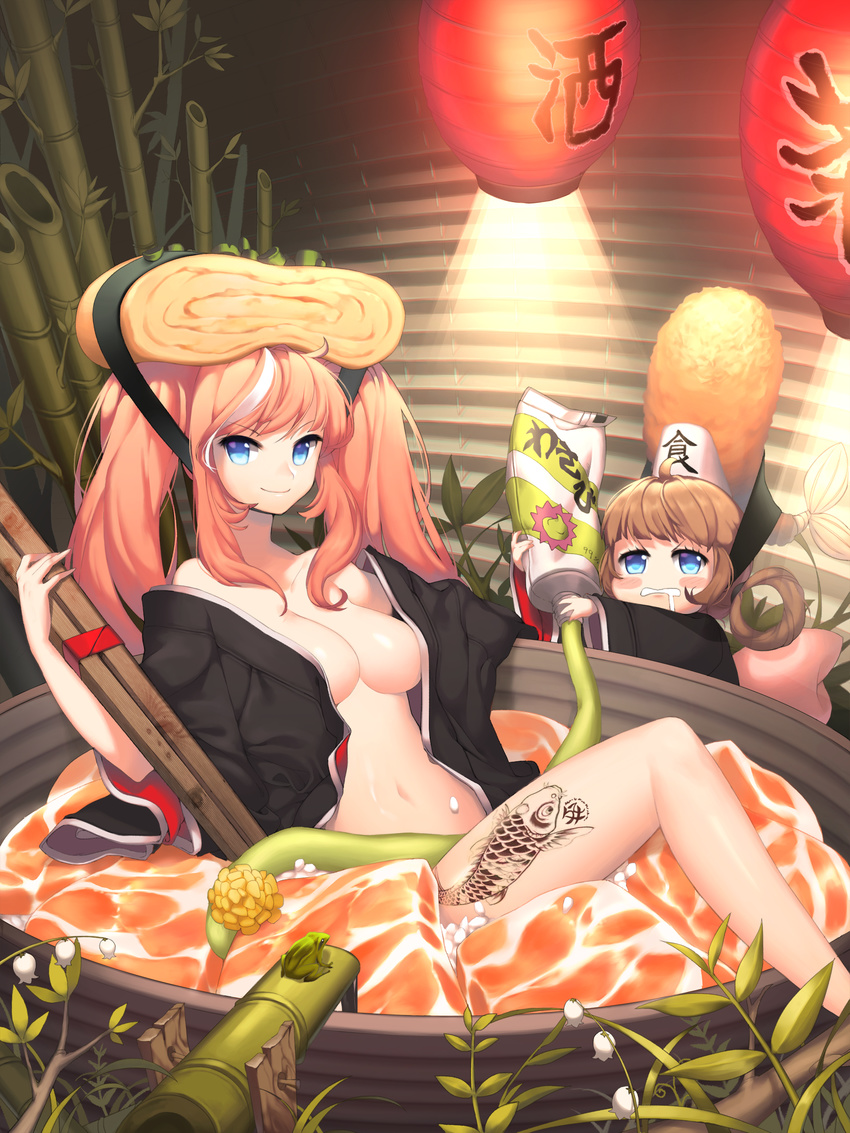 absurdres ahoge anpolly bad_id bad_pixiv_id bamboo bangs bare_legs bare_shoulders black_kimono blinds blunt_bangs blush blush_stickers bowl breasts brown_hair chopsticks clenched_teeth drooling fish flower food food_on_head frog hair_rings height_difference highres in_bowl in_container in_food japanese_clothes kimono lamp lampion lantern light_rays lily_of_the_valley long_hair looking_at_viewer medium_breasts multicolored_hair multiple_girls navel no_bra no_pants nori_(seaweed) object_on_head off_shoulder omelet open_clothes open_kimono orange_hair original paper_lantern plant rice saliva shrimp shrimp_tempura sidelocks sitting smile squeezing streaked_hair tamagoyaki tattoo teeth tempura tube twintails two-tone_hair wasabi white_hair wide_sleeves