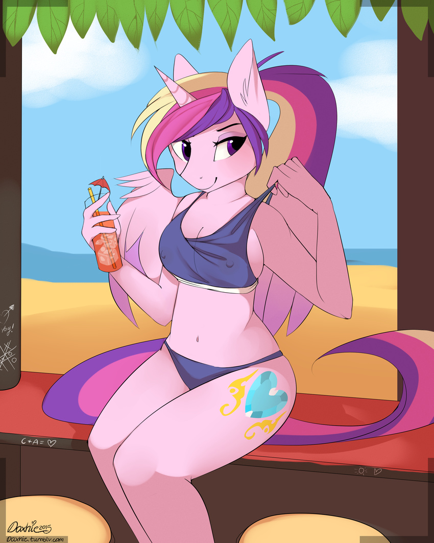 2015 anthro beach bedroom_eyes breasts cutie_mark daxhie female friendship_is_magic fur hair half-closed_eyes horn mammal multicolored_hair my_little_pony ponytail princess_cadance_(mlp) seaside summer wings