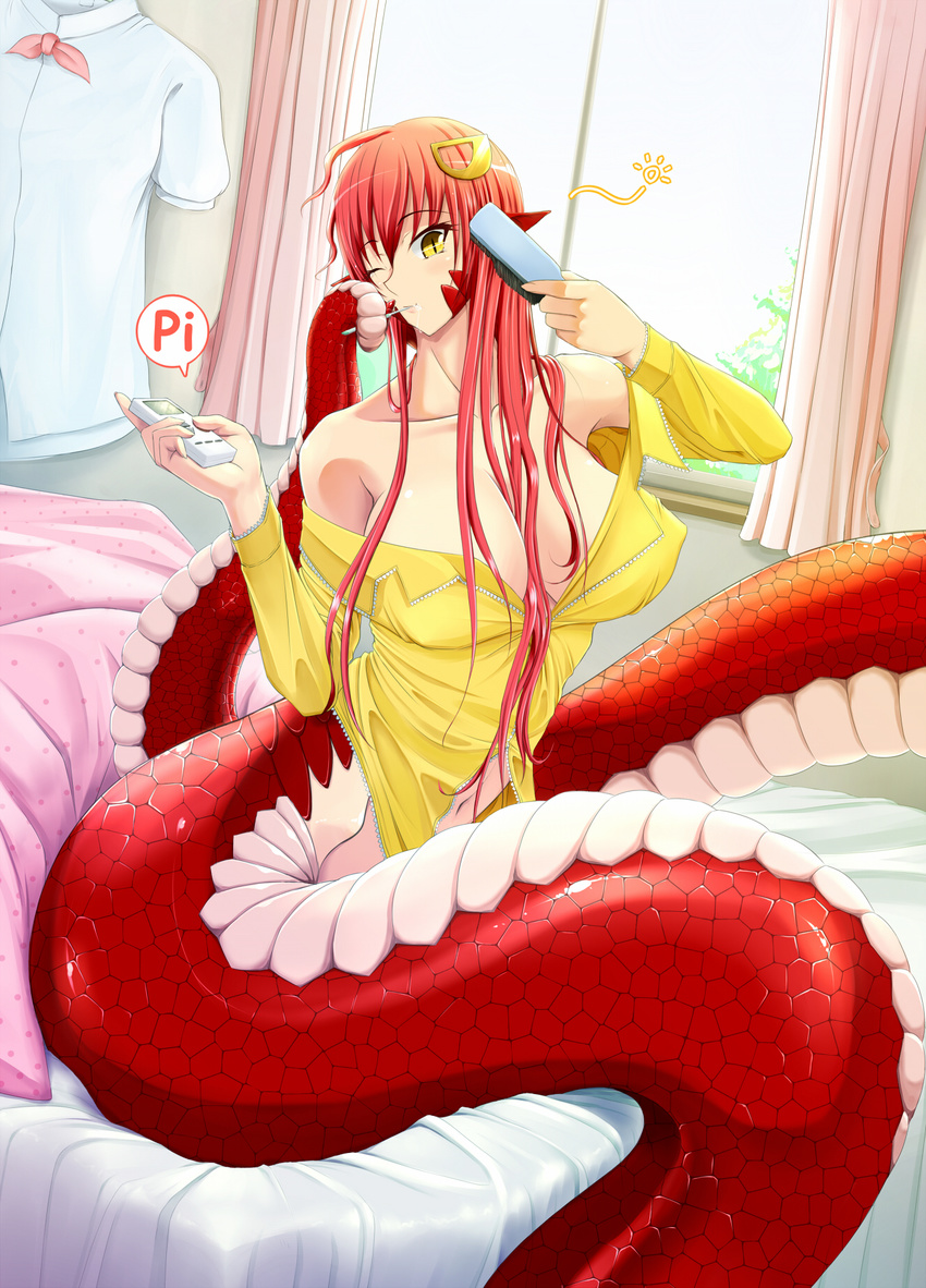 breasts brushing_teeth controller hair_between_breasts hair_brush hair_brushing hair_ornament hairclip highres lamia large_breasts long_hair miia_(monster_musume) monster_girl monster_musume_no_iru_nichijou mr._metabo multitasking navel on_bed one_eye_closed pointy_ears prehensile_tail red_hair remote_control scales slit_pupils solo tail tail_hold waking_up window yellow_eyes