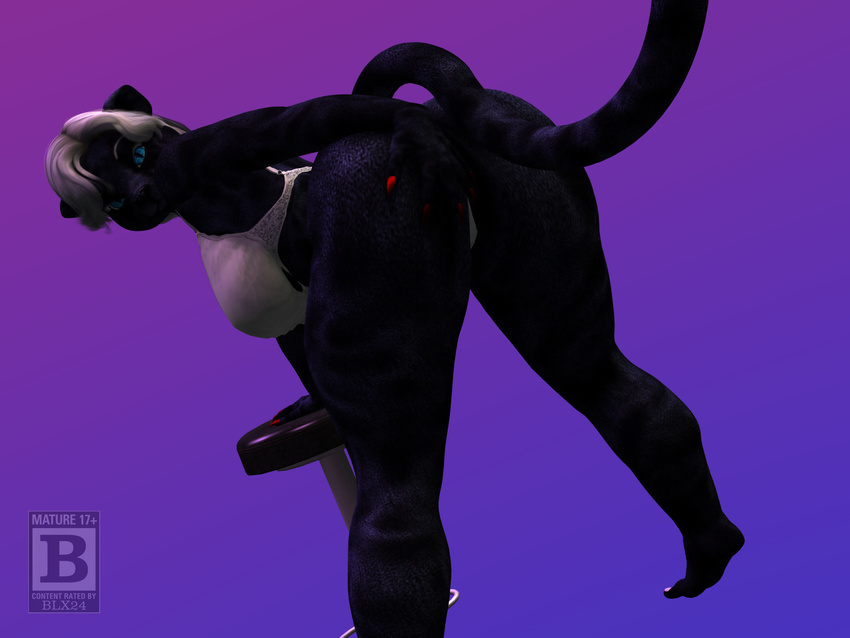 2015 3d anthro bent_over big_breasts big_butt black_fur blue_eyes blx24 bra breasts butt chair claws clothing feline female fur hair hi_res hindpaw looking_at_viewer mammal panties paws presenting presenting_hindquarters purple_fur short_hair solo underwear white_hair