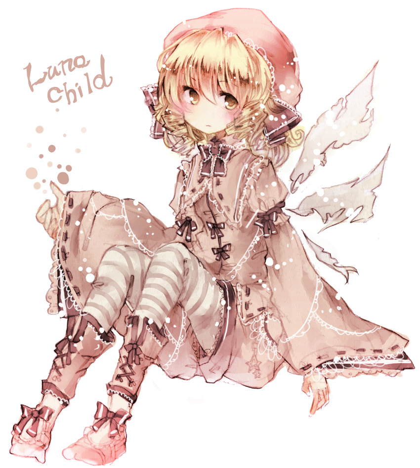 ankle_boots arm_ribbon blonde_hair boots character_name dress drill_hair embellished_costume fairy_wings full_body hair_ribbon head_scarf highres knees_up leg_warmers light_frown looking_at_viewer luna_child ribbon ribbon-trimmed_sleeves ribbon_trim sato_imo shoe_ribbon short_hair simple_background sitting sleeves_past_wrists solo striped striped_legwear thighhighs touhou twin_drills white_background white_dress wings yellow_eyes