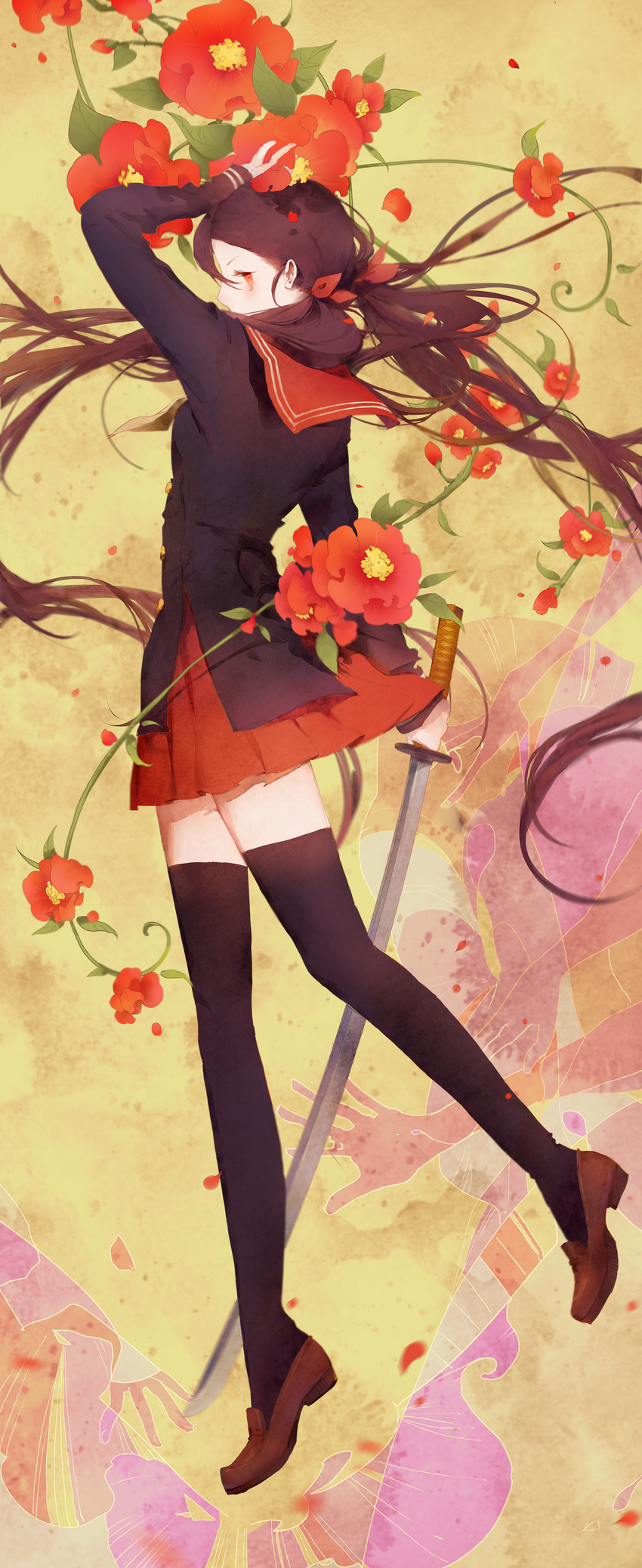 absurdres arm_over_head black_hair black_legwear bow brown_footwear buttons eyelashes flower full_body hair_bow hibiscus highres holding holding_sword holding_weapon katana leaf leg_up loafers long_hair long_sleeves looking_at_viewer looking_to_the_side moss_(2225028) original petals pleated_skirt red_eyes red_flower red_skirt school_uniform serafuku shoes skirt solo sword thighhighs twintails very_long_hair weapon zettai_ryouiki