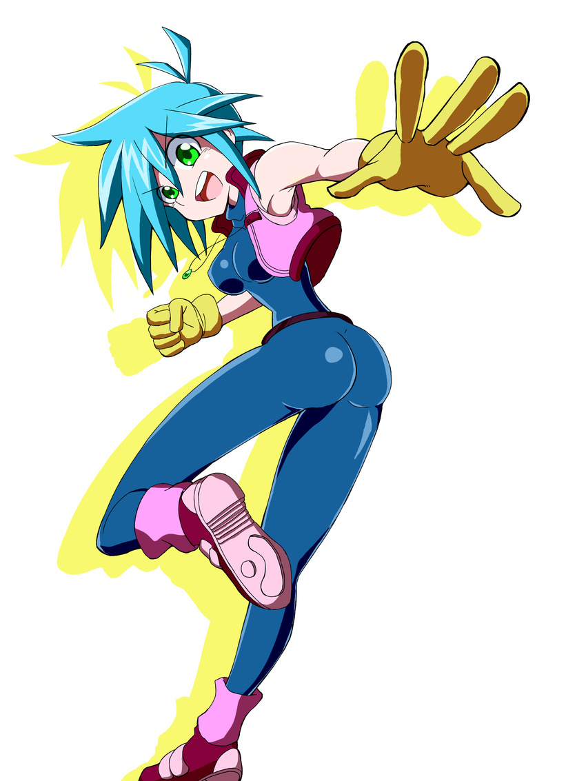 1girl allenby_beardsley artist_request ass bare_shoulders blue_hair bodysuit breasts clenched_hand fist g_gundam gloves green_eyes gundam highres open_mouth outstretched_hand pendant shiny shiny_clothes short_hair smile solo spandex vest