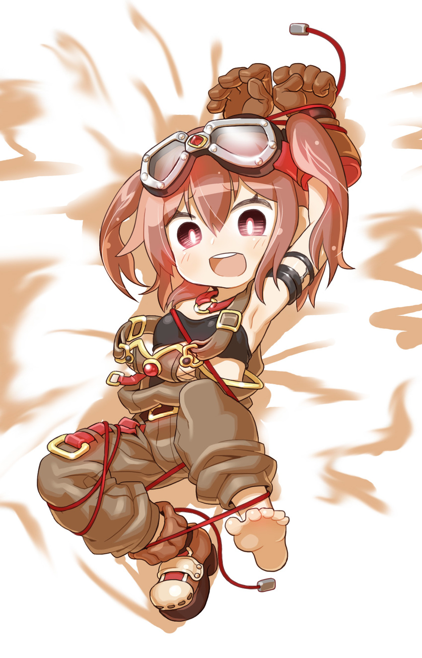 armlet armpits arms_up barefoot belt bound bound_arms brooch brown_gloves brown_hair chaki_(teasets) full_body gem gloves goggles goggles_on_head highres jewelry lying ole_tower on_back open_mouth pants rammer_(ole_tower) red_eyes red_hair shoes single_shoe soles solo toes twintails