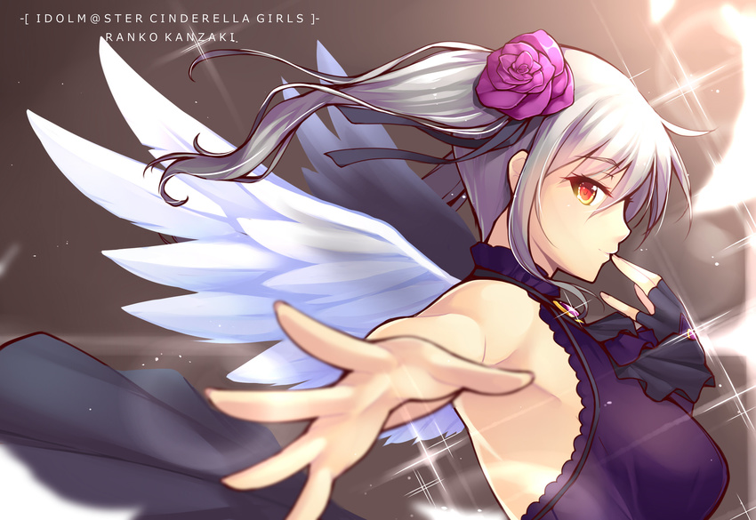 armpits bare_shoulders black_dress black_wings blurry breasts brooch character_name copyright_name dean depth_of_field dress eyelashes fingernails flower gloves hair_flower hair_ornament hand_to_own_mouth highres idolmaster idolmaster_cinderella_girls jewelry kanzaki_ranko large_breasts light_particles lolita_fashion long_hair looking_at_viewer outstretched_arm outstretched_hand purple_flower purple_rose red_eyes rose rosenburg_engel silver_hair single_glove single_sleeve sleeveless smile solo twintails white_wings wings